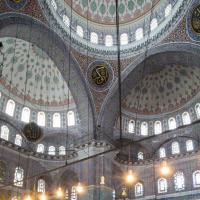 Yeni Camii - Interior: Central Prayer Hall, Facing South; Support Pier; Domical Structure; Calligraphic Roundels
