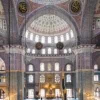 Yeni Camii - Interior: View of Central Prayer Hall, Qibla Wall, Support Piers, from Northwest Gallery