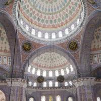 Yeni Camii - Interior: View of Central Prayer Hall, Qibla Wall, Central Dome, Support Piers, from Northwest Gallery