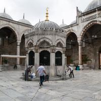 Yeni Camii - Exterior: Courtyard; Sadirvan (Ablution Fountain); Domed Portico; Complex Entrance