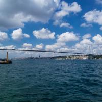 Beylerbeyi Camii - Exterior: Northwest Waterfront Porch, Facing West, Bosphorus Bridge