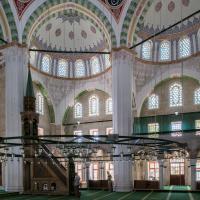 Cerrah Mehmed Pasha Camii - Interior: Central Prayer Hall, Facing Southwest, Light Fixture, Minbar, Muqarnas