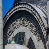 Cihangir Camii - Exterior: Northwestern Elevation Detail, Floral Ornamental Motif, Semi-Circular Window Facing Northwest, Minaret Shaft