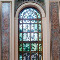 Dolmabahce Camii - Interior: Northeast Elevation Window Detail, Spandrel with Painted Ornamental Motif, Pilasters