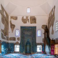 Muradiye Camii - Interior: Central Prayer Area, Southeastern End, Facing Southeast, Qibla Wall, Mihrab, Minbar
