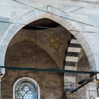 Eyup Sultan Camii - Exterior: Northwest Courtyard, Arcade, Ablaq Detail within Arcade, Ornamented Pendentive