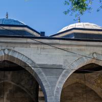 Eyup Sultan Camii - Exterior: Courtyard Arcade, Domed Bays, Oranmented Pendentives