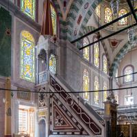Fatih Camii - Interior: Southeast Qibla Wall, Minbar, Stained Glass Windows