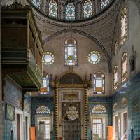 Hekimoglu Ali Pasha Camii - Interior: Central Prayer Area Facing Southeast, Qibla Wall, Mihrab, Sultan's Loge
