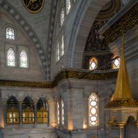 Nuruosmaniye Camii - Interior: Southwestern Gallery Level Facing East, Minbar, Mihrab Niche, Sultan's Loge
