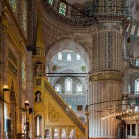 Sultan Ahmed Camii - Interior, Central Prayer Area, Facing Southwest, Mihrab and Minbar