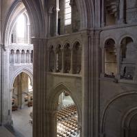 Cathédrale Notre-Dame de Lausanne - Interior, north transept, triforium level, looking southwest into crossing, north transept west elevation and nave