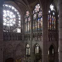 Basilique de Saint-Denis - Interior, north transept, east triforium level looking southwest through crossing into south transept and nave