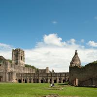 Fountains Abbey - Exterior, western frontispiece, distant view