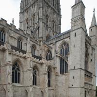 Gloucester Cathedral - Exterior, south transept, southwest corner elevation 
