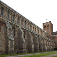 Saint Albans Cathedral - Exterior, nave, lantern tower and south transept, southwest elevation