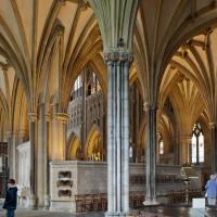 Wells Cathedral - Interior, east ambulatory aisle looking northwest 