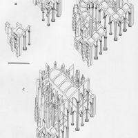 Cathédrale Saint-Pierre de Beauvais - Axonometric drawings of construction sequence, by Diego Oleas. (a) Cathedral of Bishop Miles of Nanteuil, 1225-1232  (b) Cathedral of Bishop Robert of Cressonsac, 1238-1240s  (c) Cathedral of Bishop William of Grez, 1250s-1260s. (Note: upper east wall of transept is shown, although status is uncertain)