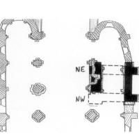 Église Notre-Dame-de-la-Nativité de Donnemarie-Dontilly - Ground plan of tower superimposed on phased surveyed plan with the buttress of the tower identified.