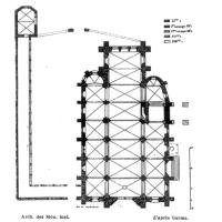 Église Notre-Dame-de-la-Nativité de Donnemarie-Dontilly - Floorplan by Garrez, published with campaigns of construction by the Marquise de Maillé, "L'Église de Donnemarie-en-Montois," Bulletin Monumental 87 (1928), 8.