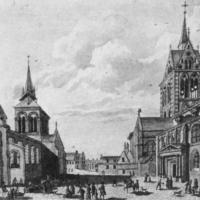 Église Notre-Dame de Soissons - Drawing, View of the Abbey Church of Notre-Dame de Soissons and the Collegial Church of Saint-Pierre au Parvis de Soissons for the northwest, ca. 1790