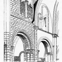 Église Saint-Étienne de Caen - Analysis of nave elevation by G. Bouet, showing state of upper stories before and after rib vaulting of ca. 1130-1135