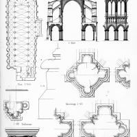 Église Saint-Père-en-Vallée de Chartres - Floorplan, transverse and longitudinal sections, pier sections, capital detail