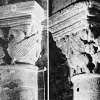 Église Notre-Dame d'Avesnières - Interior, capitals, on the left: south choir capital, on the right: capital at the south entrance of the ambulatory