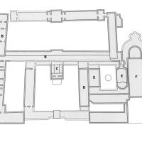 Église Saint-Martin-des-Champs - Site plan: A. 13th Century remains B. 18th Century remains C. 1786  staircase, altered in 1860-1862 D. Refectory 1230 E. Amphitheatre 19th Century F. Church 12-13th Century
