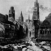 Cathédrale Notre-Dame de Rouen - Exterior, drawing of western frontispiece and tower from a distance, view of the Haute-Vieille-Tour, drawing by Capt'Batty