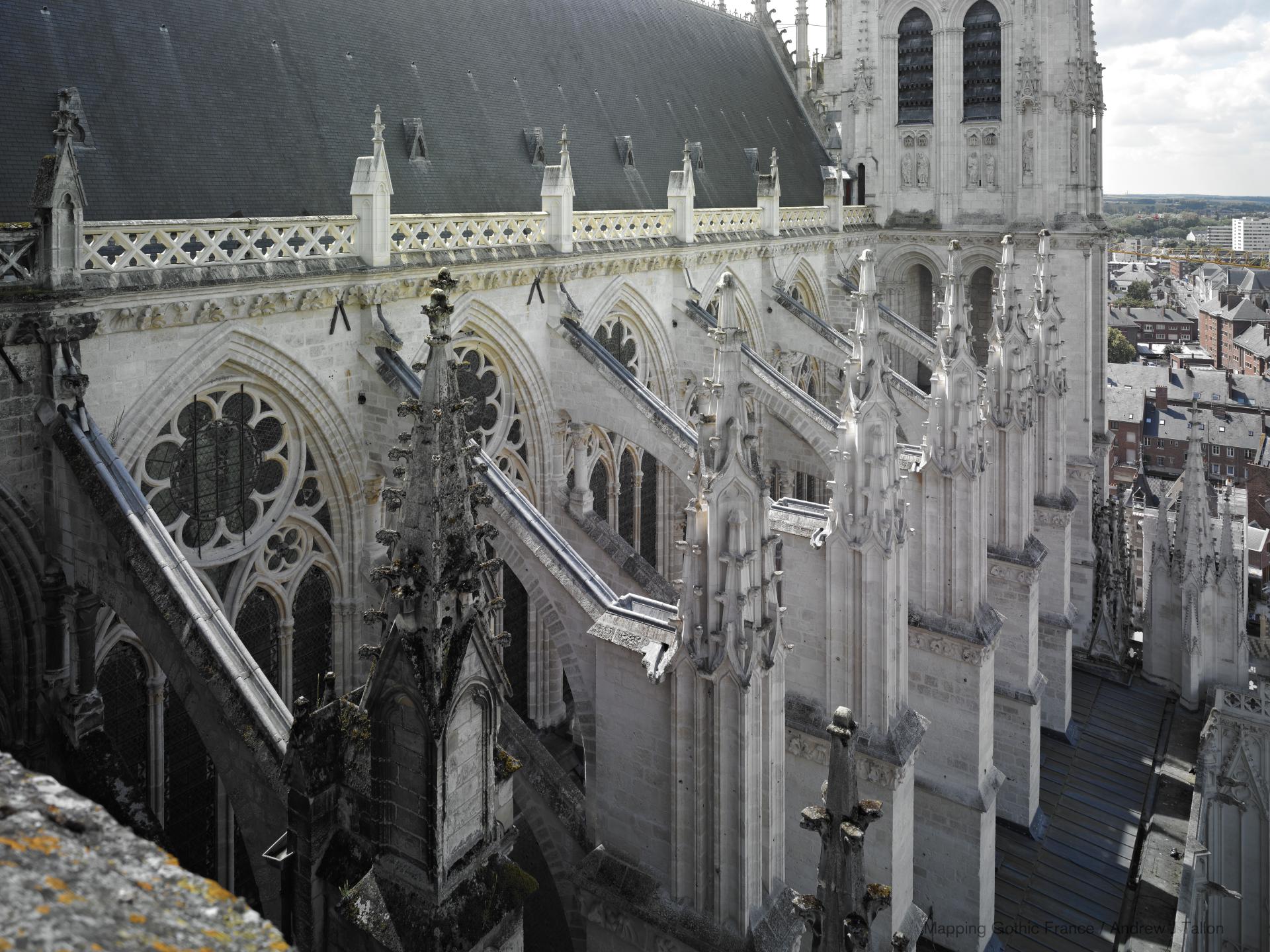 Cathédrale Notre-Dame de Amiens - Interior, north nave flying buttresses from roof level Cathédrale Notre-Dame de Amiens - Interior, north nave flying buttresses from roof level