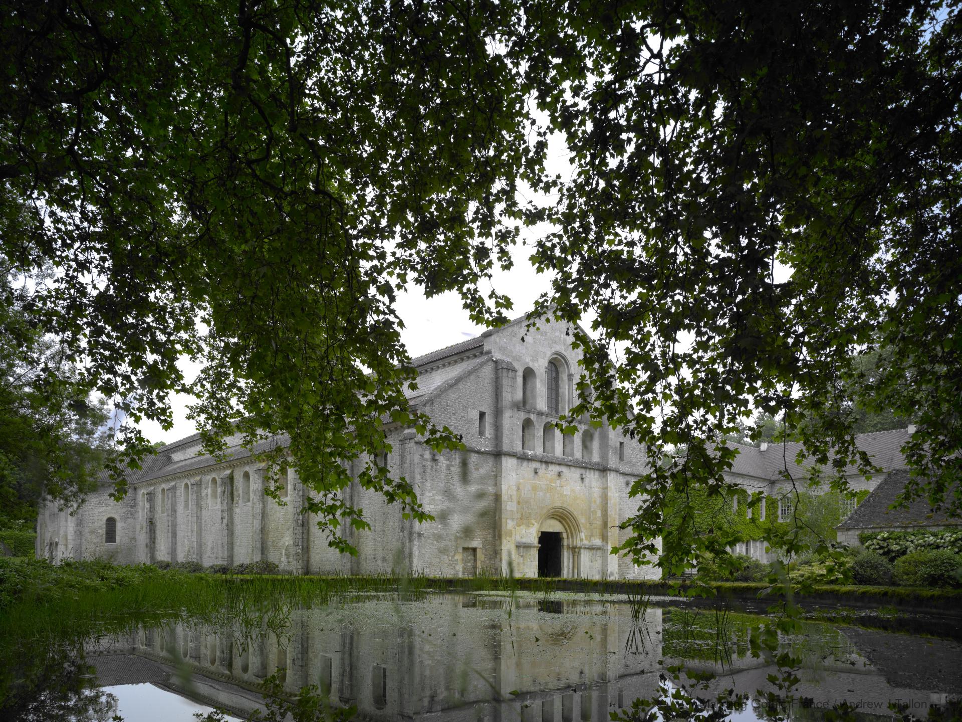 Abbaye de Fontenay - Exterior, western frontispiece, north nave elevation looking southeast, distant view